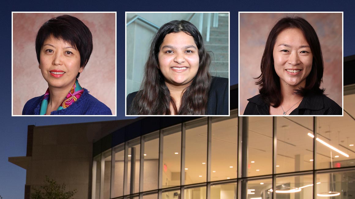 Headshots of two faculty members and student superimposed over academic building