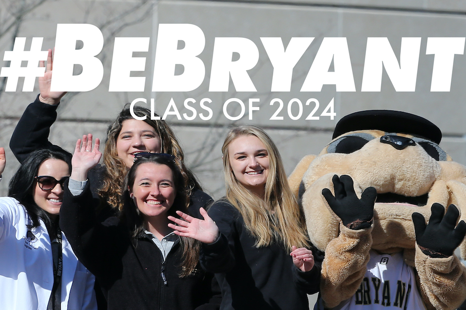 Four students accompanied by bulldog mascot with #BeBryant Class of 2024