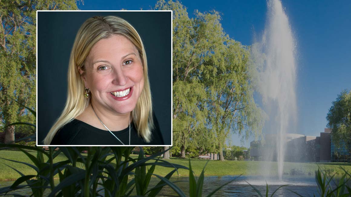 Molly Devanney '00 photo superimposed over a Bryant University campus scene