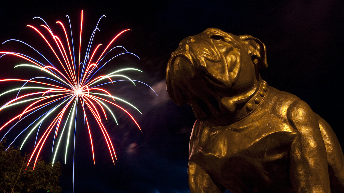 Fireworks in background; bulldog bronze statue in foreground