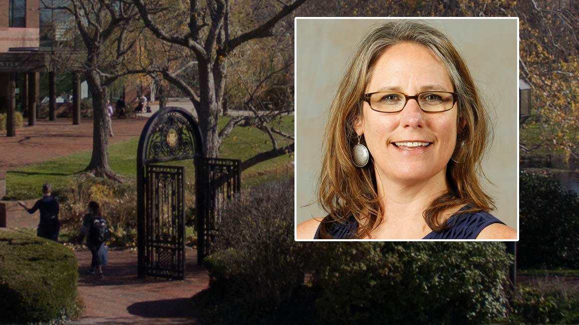 Headshot of Noelle C. Harris, Ph.D., LMHC, RYT, Assistant Dean and Director of Counseling superimposed over campus image