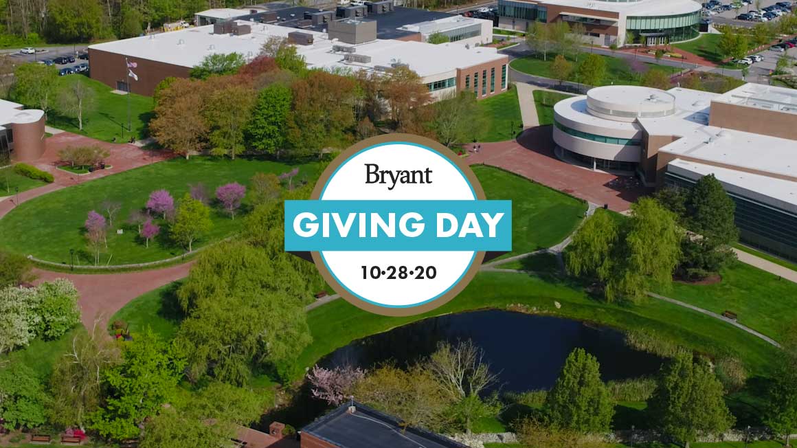 Bryant Giving Day logo superimposed over an aerial campus shot