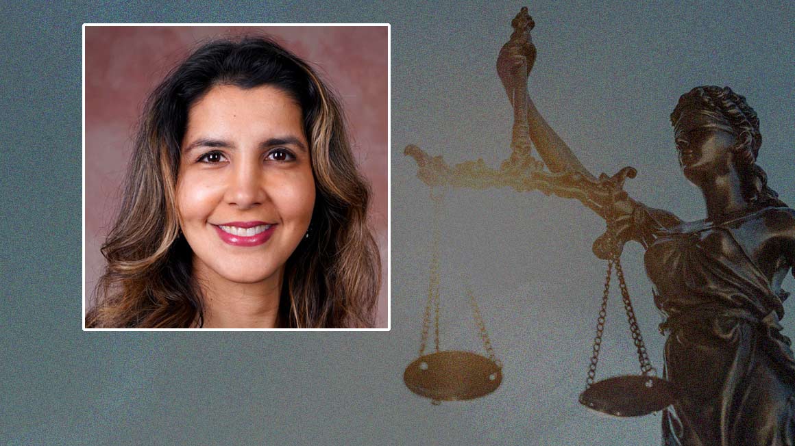 Professor Alidadi headshot superimposed over scales of justice