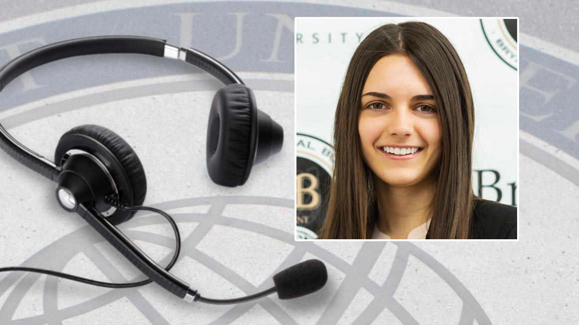 Portrait of Student Caller Julia Di Natale '22 superimposed over a photo of a phone headset