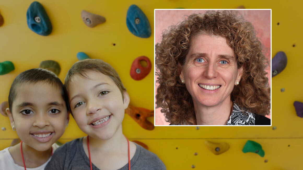 Headshot of Professor Weinberger against yellow background and faces of 2 kids