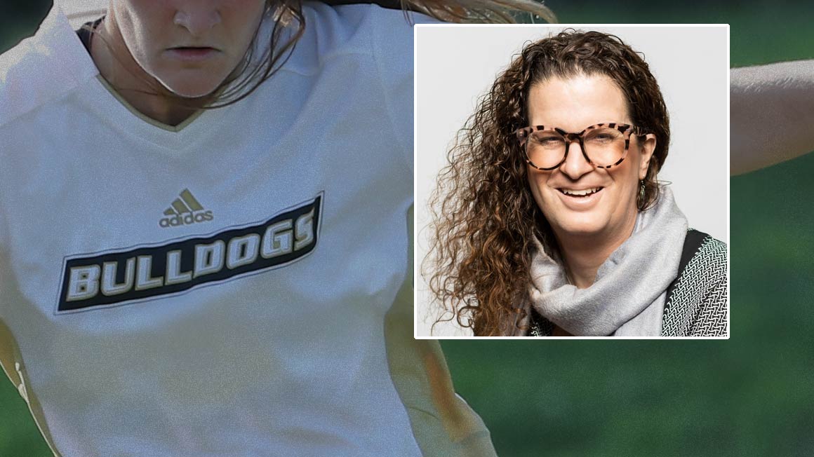 Headshot of Kristen Worley superimposed over Bryant athletics photo