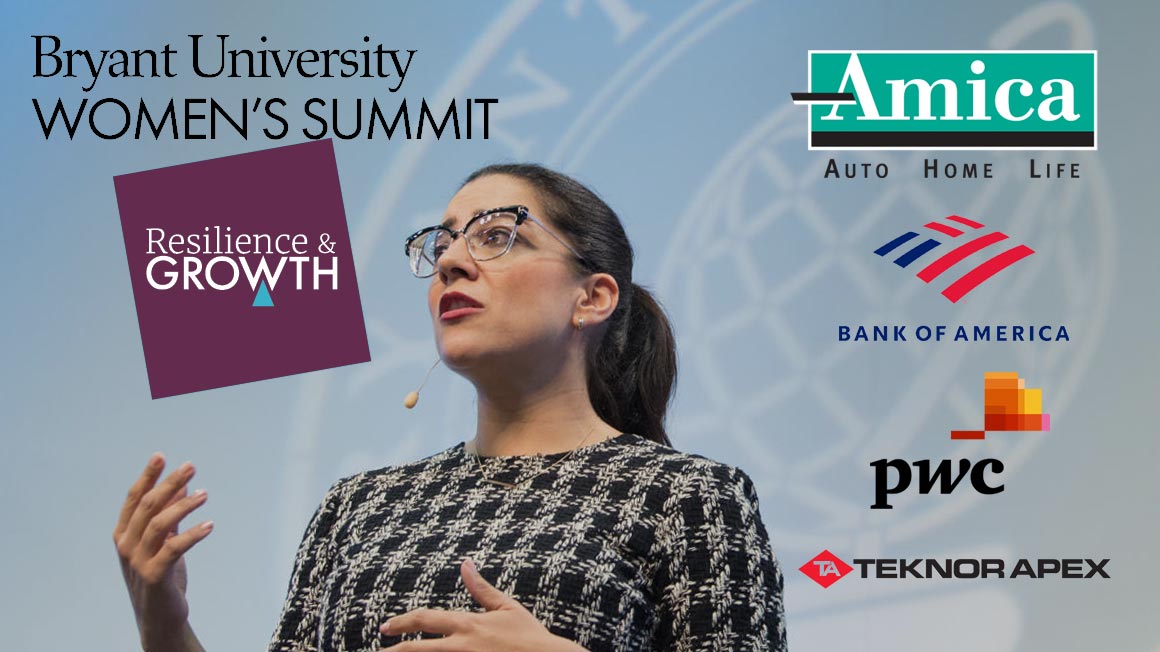 Bryant Women's Summit speaker with sponsor logos