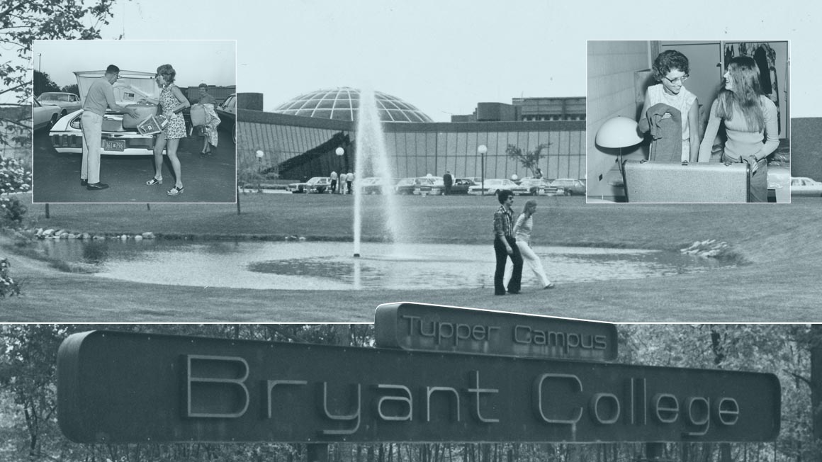 photo collage of Bryant Smithfield campus including the then-new entrance sign and students on campus