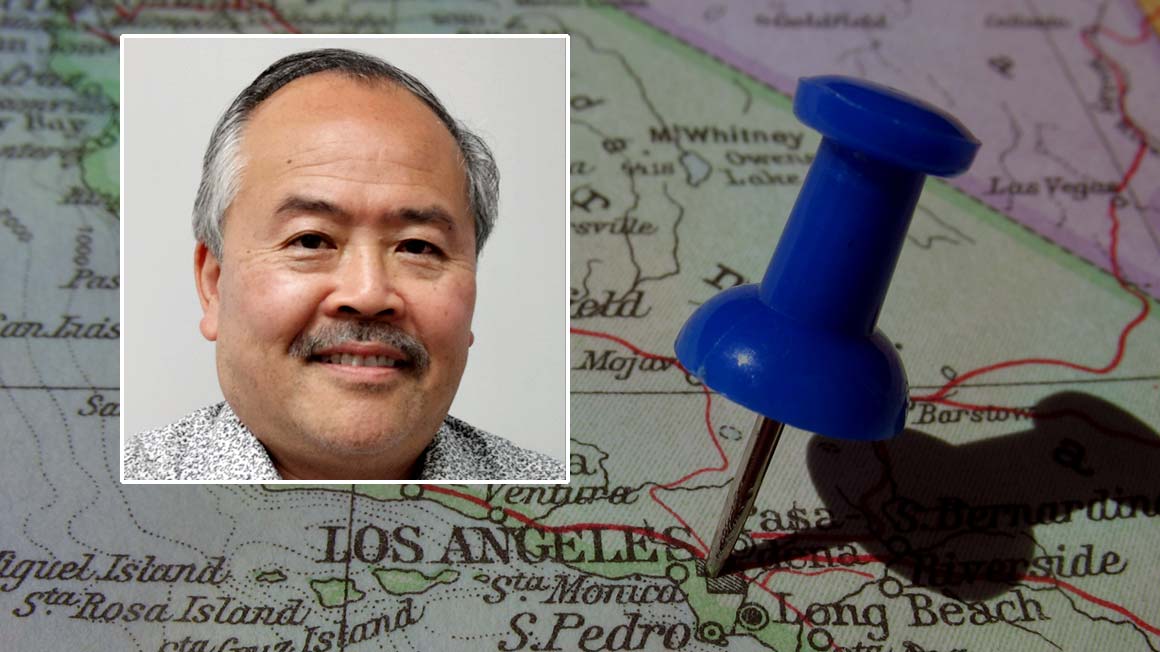 Photo headshot of King Chan superimposed over photo of map of Los Angeles area with a push-pin stuck in it