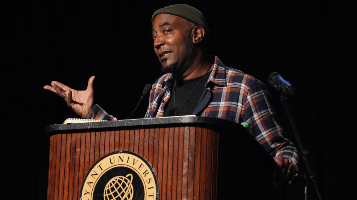 Rapper, social activist, educator and cartoonist Keith Knight speaks at Bryant's Day of Understanding