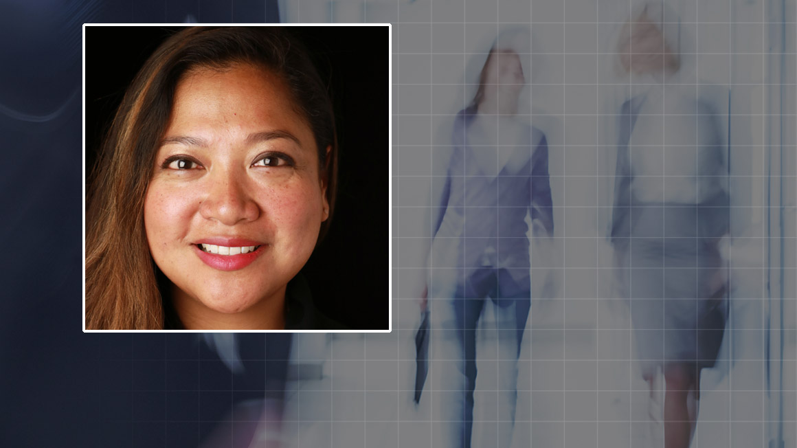 Headshot of Verna De Jesus superimposed over a hazy image of two women in business attire