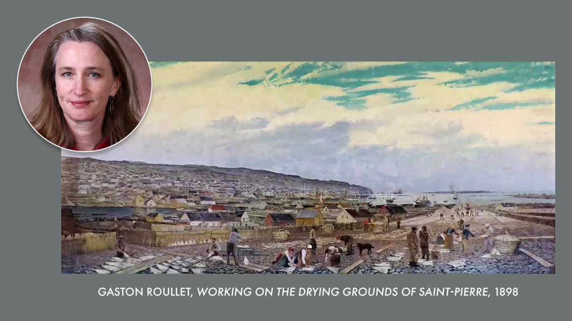 Inset photo of Maura Coughlin over a Gaston Roullet painting, "Working on the drying grounds of Saint Pierre"