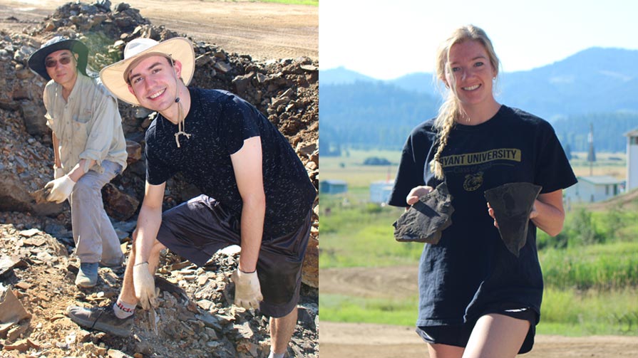 Left, Hong Yang, Ph.D., and Bryant senior Joshua Turner dig for fossils at Clarkia Lake. Right: Bryant senior Taylor Vahey posts with fossil specimens collected in the Miocene-era lakebed.