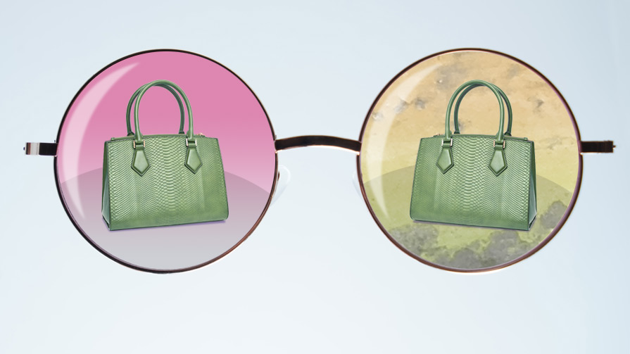 Glasses with an image of a handbag in each lens