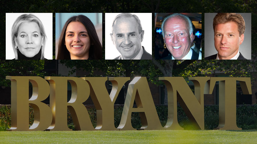 pictures of five Bryant Trustees and a Bryant University sign