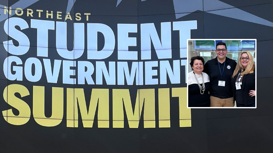 Northeast Student Government Summit organizers and presenters pose next to the event logo