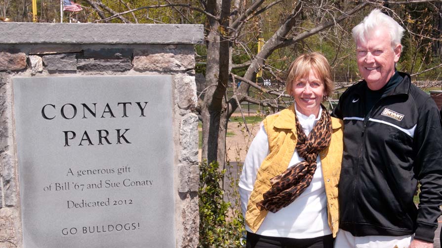 Sue and Bill Conaty at Conaty Park at Bryant University