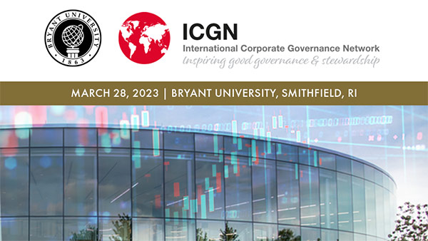 Image of building at Bryant University with logos for Bryant and ICGN