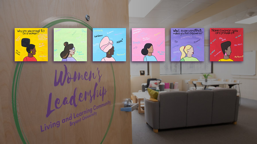 Six women paintings and women's leadership LLC logo on door.