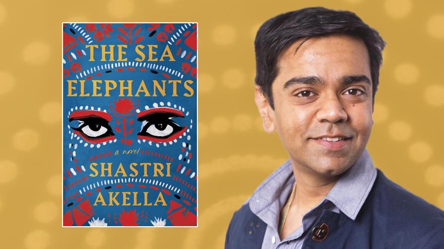 Shastri Akella on right with Sea of Elephants novel on left.