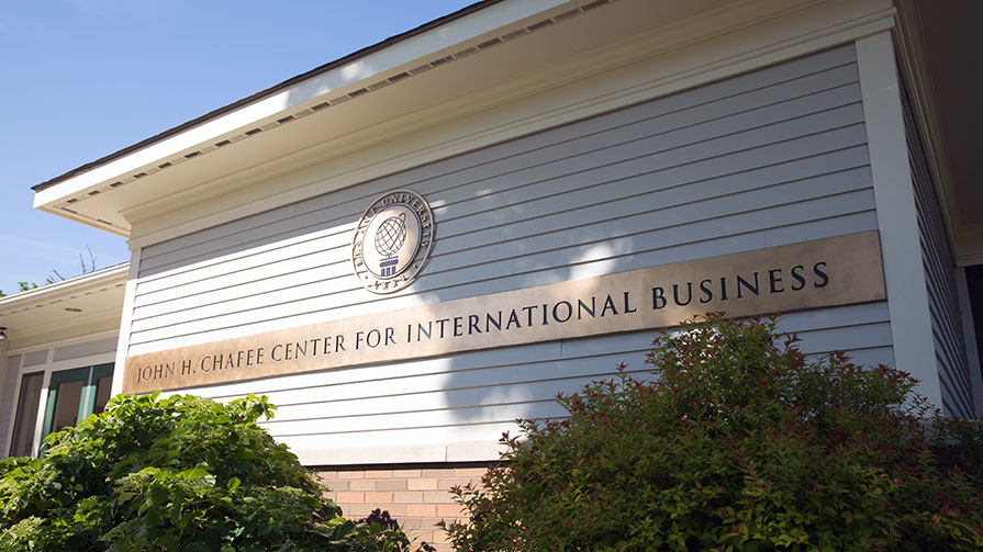 An exterior image of the John H. Chafee Center for International Business at Bryant University.