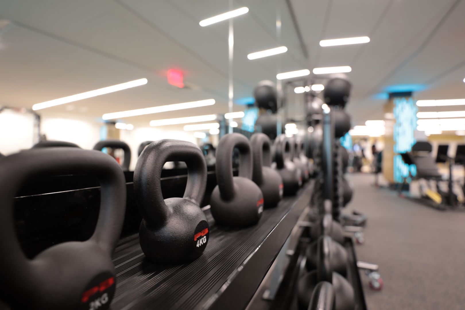 Image of a rack of kettlebells in Bryant University's new exercise science lab