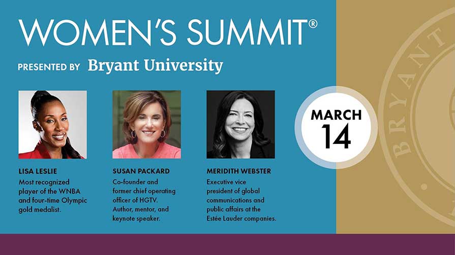 graphic with pics of the three keynote speakers for Bryant's 27th Women's Summit