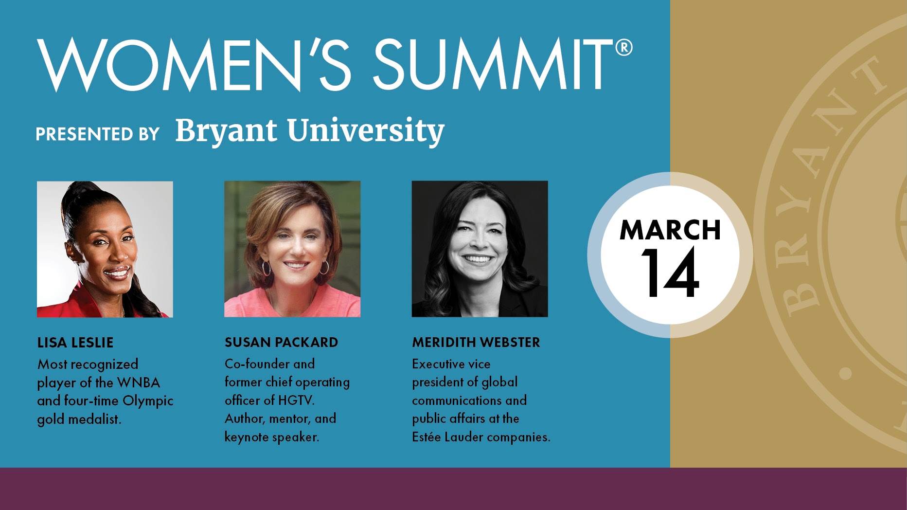 graphic with pics of the three keynote speakers for Bryant's 27th Women's Summit