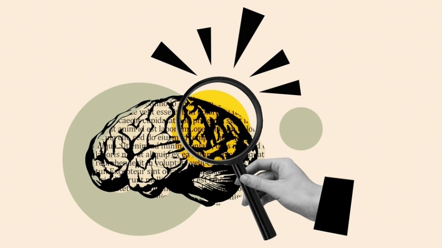Drawing of a hand holding a magnifying glass over a brain.