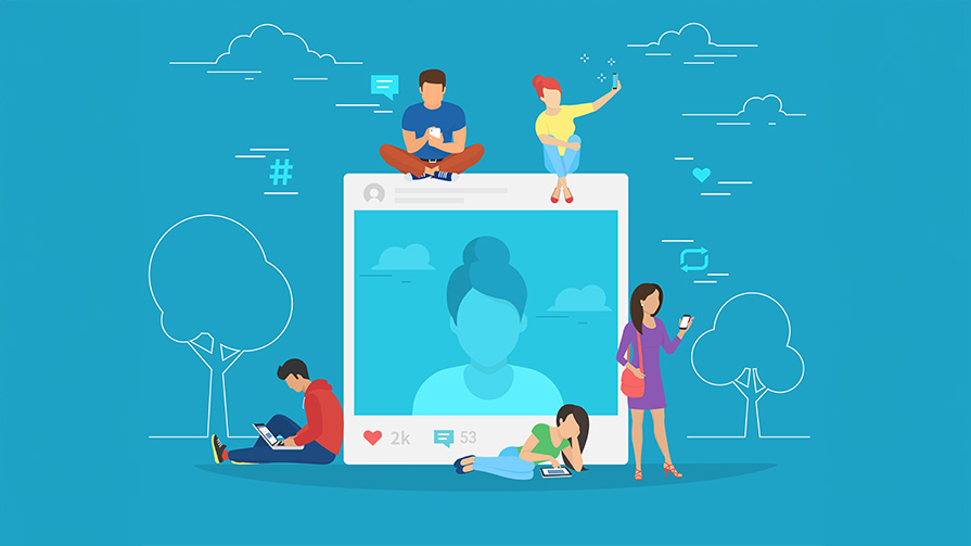 Illustration of people using technology.
