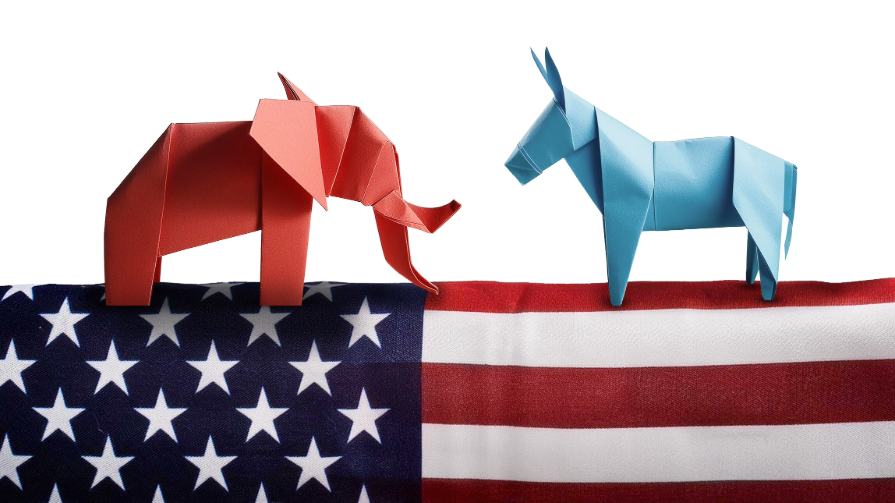 Elephant and donkey on American flag.