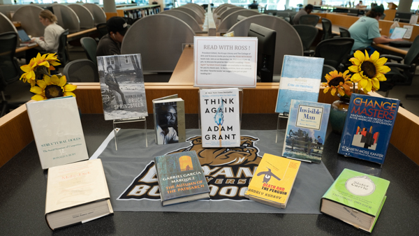 Book display at the Douglas and Judith Krupp Library