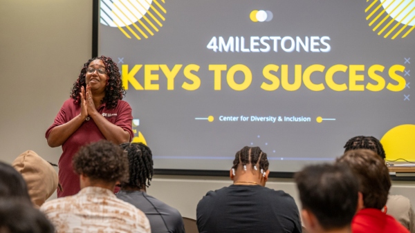 Brandi Gbemisola, assistant director of Bryant’s Intercultural Center, advised students on the strategies, resources, and opportunities they can use to excel, find their purpose, and make the most of their time in college during a “Keys to Success” panel.