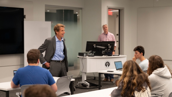 Bryant University President Ross Gittell, Ph.D. visits a New Product Development class.