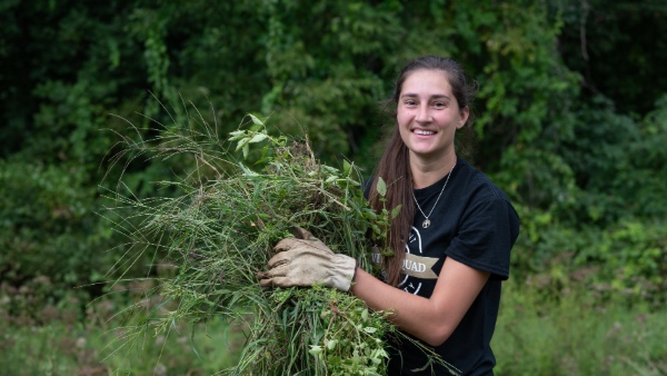 Katie Taylor, Experiential Education Coordinator for Bryant University's Amica Center for Career Education, helps clear brush at Revive the Roots in Smithfield, RI