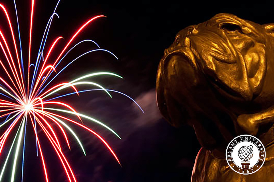 Bulldog statue with fireworks
